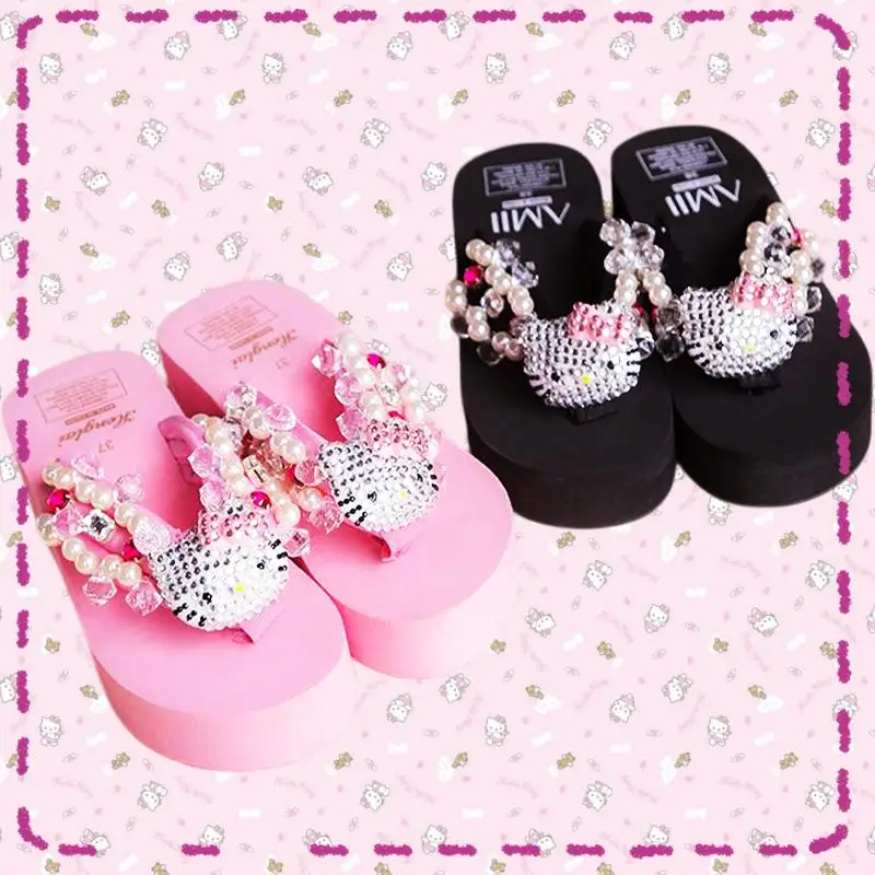 

Hello Kitty Flip-Flops Kawaii Platform Rhinestone Delicate Cartoon Slippers Summer Holiday Anime Sanrioed Lovely Girls Gift Cute