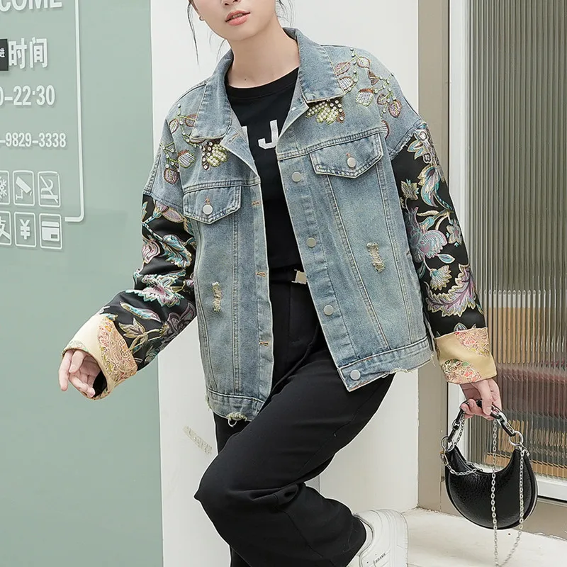 Женская джинсовая куртка в китайском стиле однобортная винтажная пэчворк с