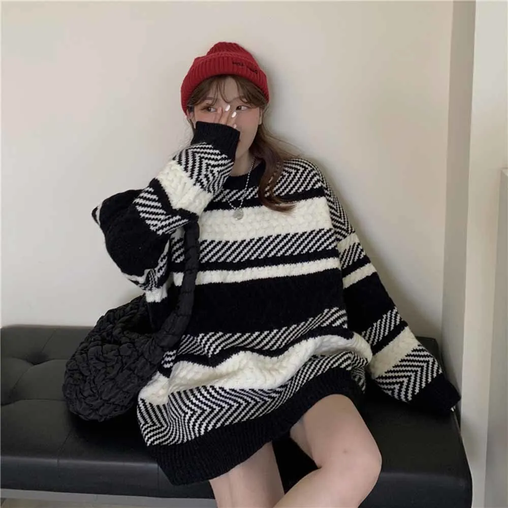 

Autumn Winter Sweater Women Casual Woman Sweater Pullovers Striped Jumper Warm Teen Gril Sweaters