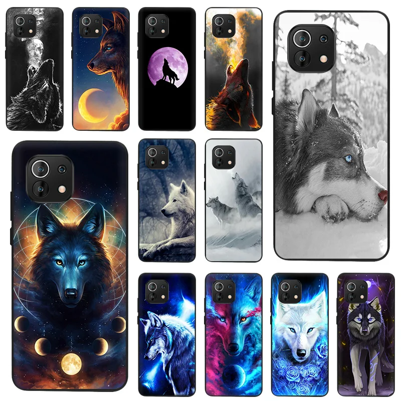 

Phone Case For Xiaomi Mi 11 cc9 11t 11X Pro cc9e Note 10 10T Lite 11i 10s 5G Luxury Moon Wolf Howl Art Black Shell Cover Fundas