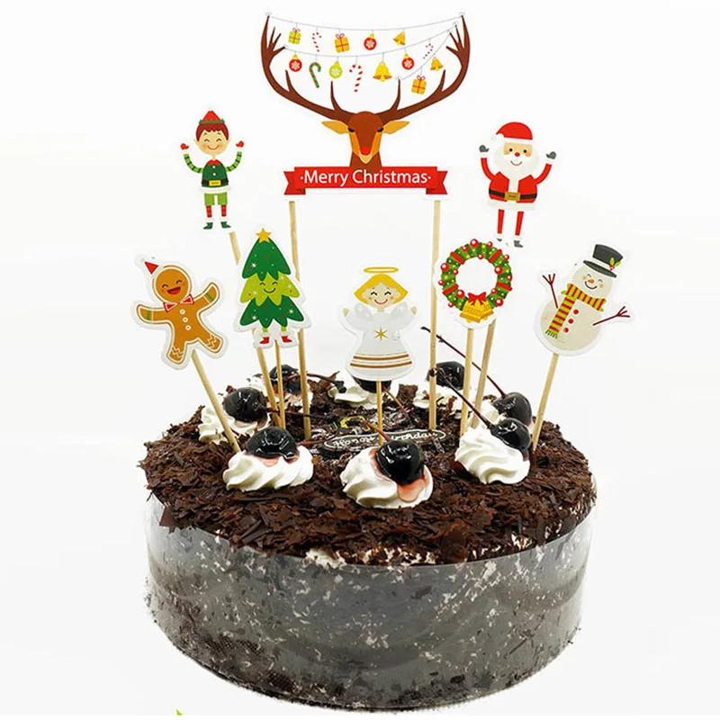 

Merry Christmas Cake Toppers Cartoon Santa Claus Xmas Tree Cake Decor Snowman Cupcake Toppers Happy New Year Party decoration