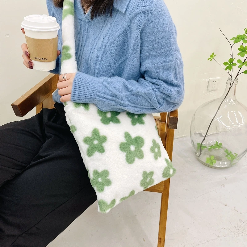 

M6CC Fashion Fluffy Tote Bag Green Flower Plush Underarm Bag Women Furry Shoulder Bag Faux Fur Tote Purse Autumn Winter