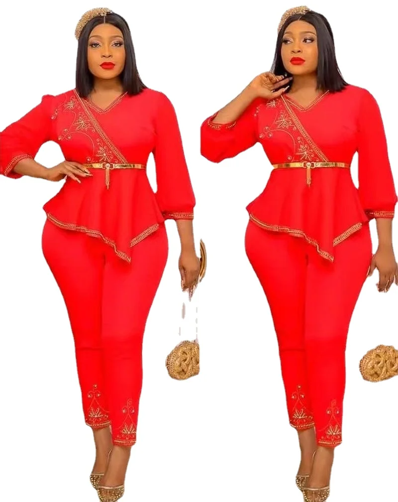 

New African Clothes For Women Two Piece Sets Long Tops Skinny Pants Matching Set Shirt Patchwork Tracksuit Set Big Size 2022