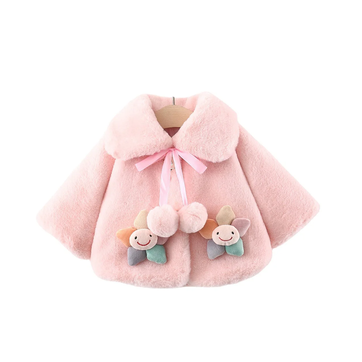 

2022 Fashionable Baby Girls Winter Fur Cape Coat Turn-down Collar Flower Patchwork Thick Jacket Cute Pom Pom Warm Outer Wears