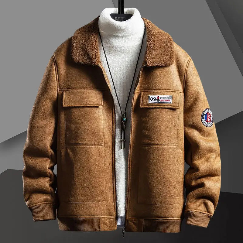 

Korean Version Tide Brand Granular Fleece Thickened Warm Jacket Pu Leather Stitching Winter Jacket Men Manteau Homme Hiver Khaki