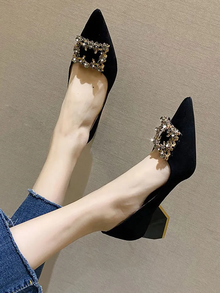 

Туфли Стразы с острым носком, Простые Модные пикантные туфли на высоком каблуке, с кристаллами, с квадратной пряжкой, Рабочая обувь, большие ...