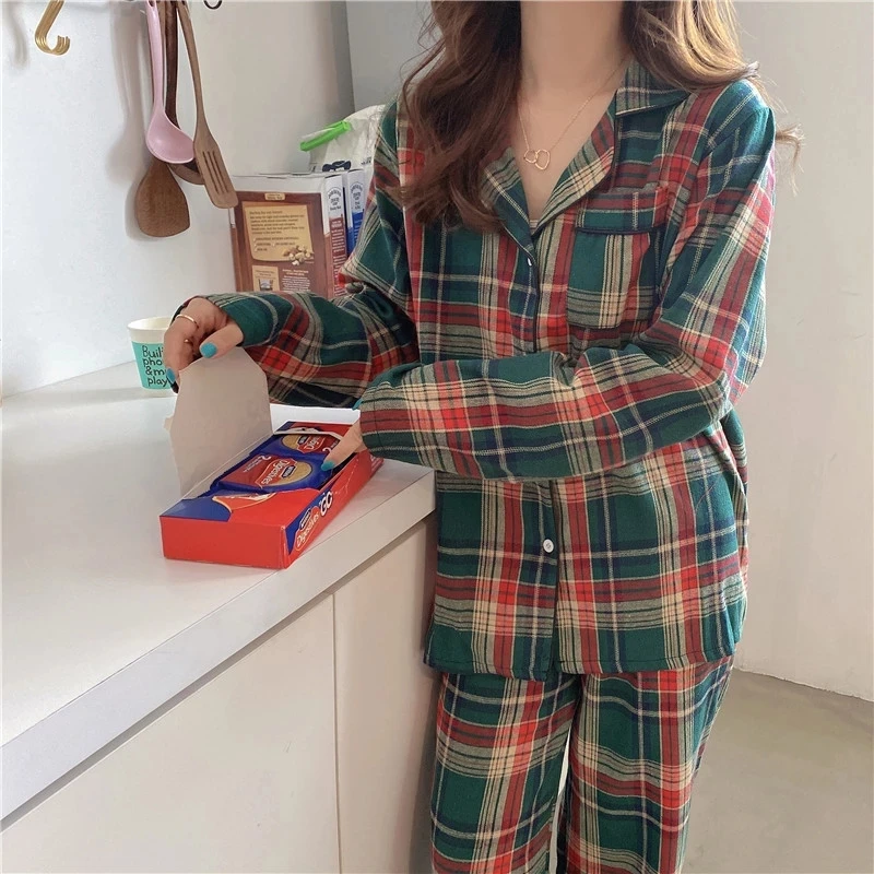 Green Plaid Women's Loose Pajama Suit Comfort Woman Men Sleepwear Cotton Spring Autumn Couple Homewear Female Christmas Nighwear