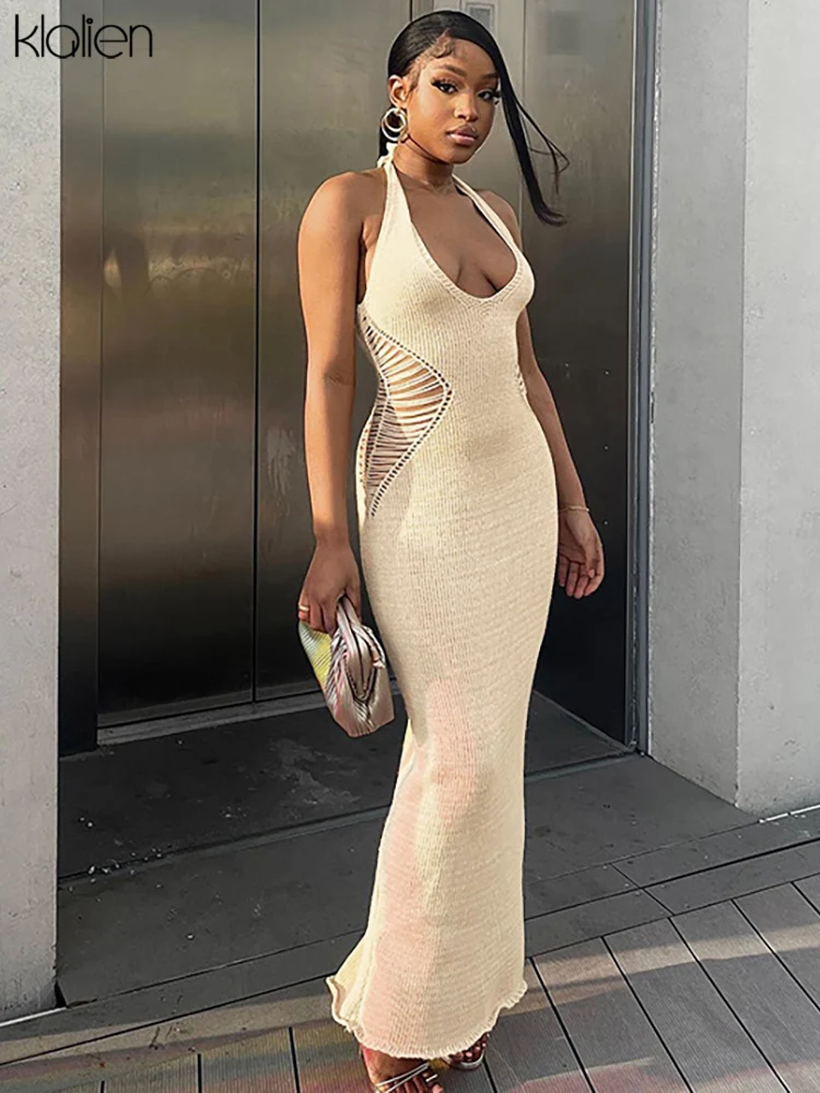 

KLALIEN Knitted Hollow Out Maxi Dress Women Elegant Deep V-Neck Halter Lace Up Sleeveless Backless Body-Shaping High Street Robe