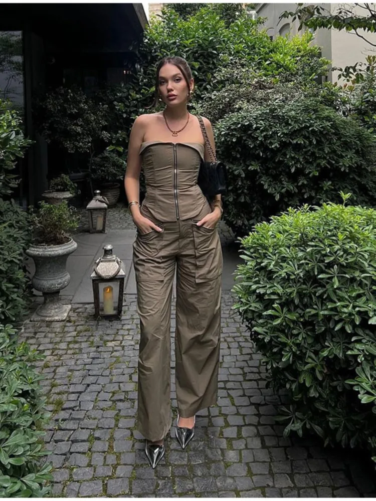 

Однотонный комплект из топа и брюк на молнии без бретелек, Женский облегающий жилет с открытыми плечами и брюки с карманами, женский модный костюм, уличная одежда