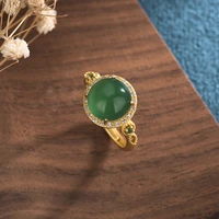 china style wide faced chalcedony emerald rings for women jewelry sdjustable enamel and hetian jade inlaid gold gemstone ring