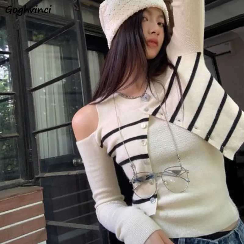 

Fake 2 Pcs Pullovers Women Off Shoulder Knitting Slim Casual Spring Striped Korean Style Cozy Tender Sweaters All-match Popular