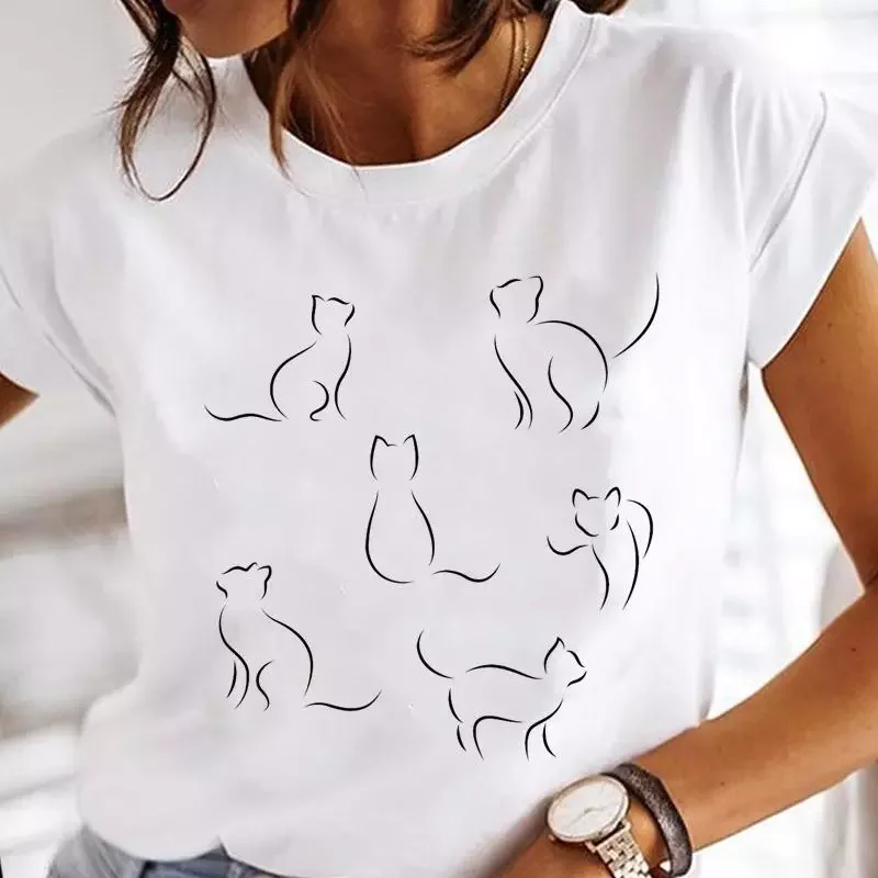

New2022 Cartoon Fashion Cat Lovely Style Cute Clothes Lady Print Short Sleeve Tops Tees Female Tshirt Graphic T-Shirt