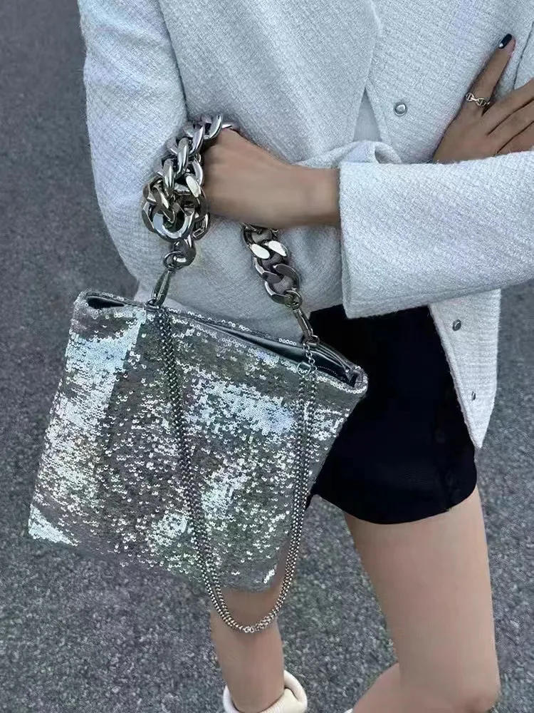 

Underarm Shoulder Side Bag Thick Chain Luxury Designer Sequin 2023 Y2K Shining Evening Tote Handbags High capacity High-Quality