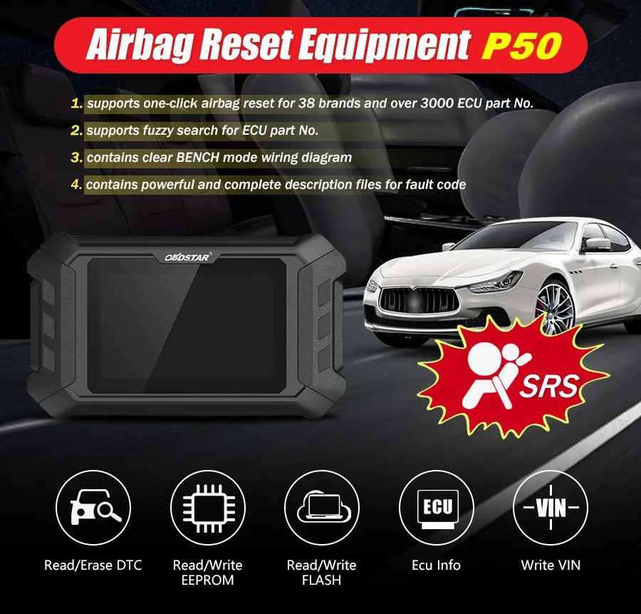 

OBDSTAR P50 Airbag Reset Tool PIN CODE Reader Read & Write EEPROM Covers 38 Brands and Over 4600+ ECU Part No