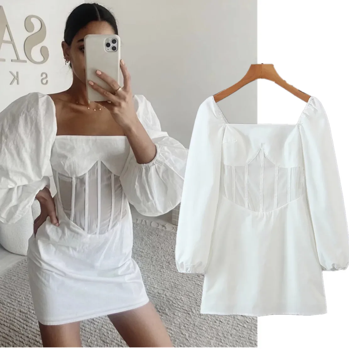 

Dave&Di White Puff Sleeve Splicing Backless Sexy Party Dress Women indie Folk Ins Fashion Blogger Vintage Square Collar