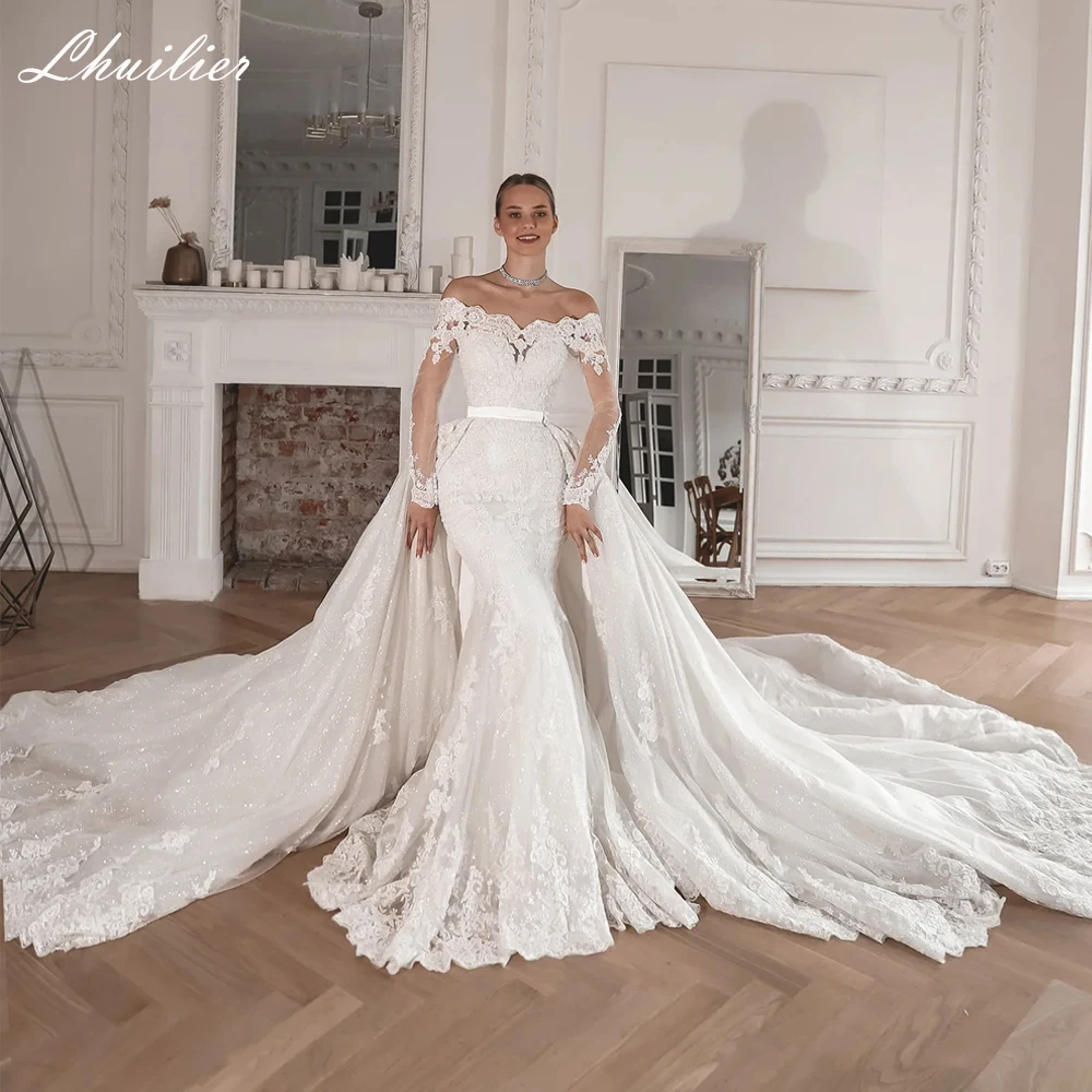 Lhuillier Элегантные свадебные платья русалки с вырезом лодочкой и кружевными