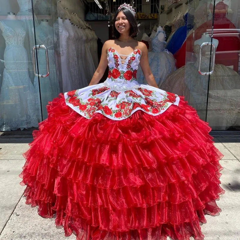 

Amazing Red Sweetheart Bodice Medallions 3D Floral Applique Embroidery Tiered Skirt Charro Quinceanera Ball Gown Vestidos De