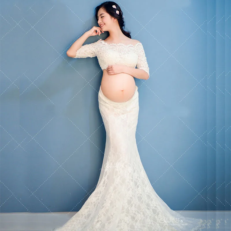 

Белое кружевное платье для беременных однослойный воротник топ с рукавом средней длины + длинное платье со шлейфом реквизит для фотосъемки для женщин Новинка 2022 года для беременных