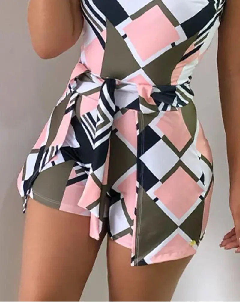 Summer Woman Elegant Slim Bodysuit Holiday Festival Party Streetwear Jumpsuit Geometric Print Tied Detail Sleeveless Romper