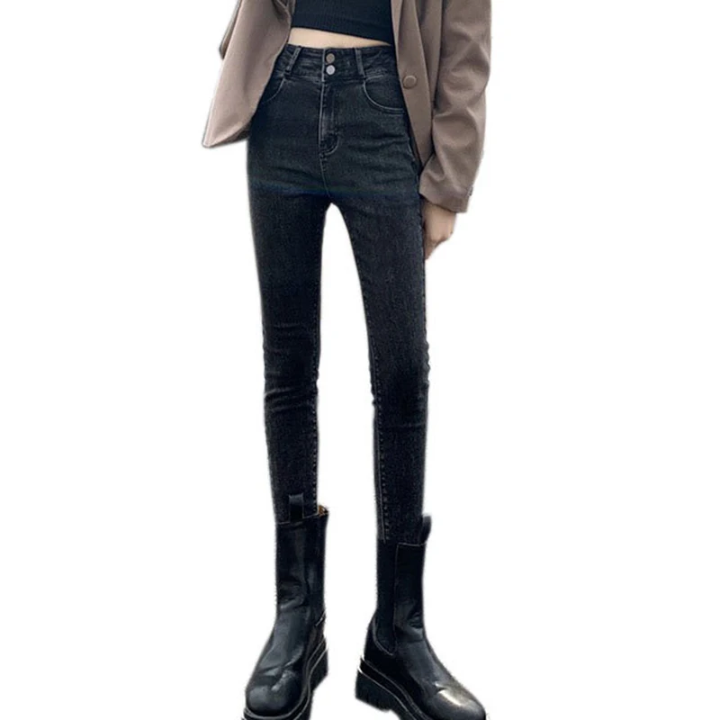 Women Versatile Early Spring High Waist Black Grey Elastic Cropped Double Button High Waist Small Leg Jeans for women