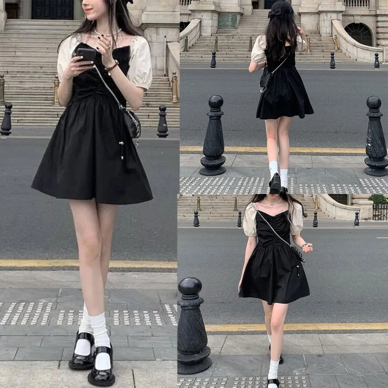 

Женское винтажное платье-трапеция с коротким рукавом, квадратным вырезом и рюшами