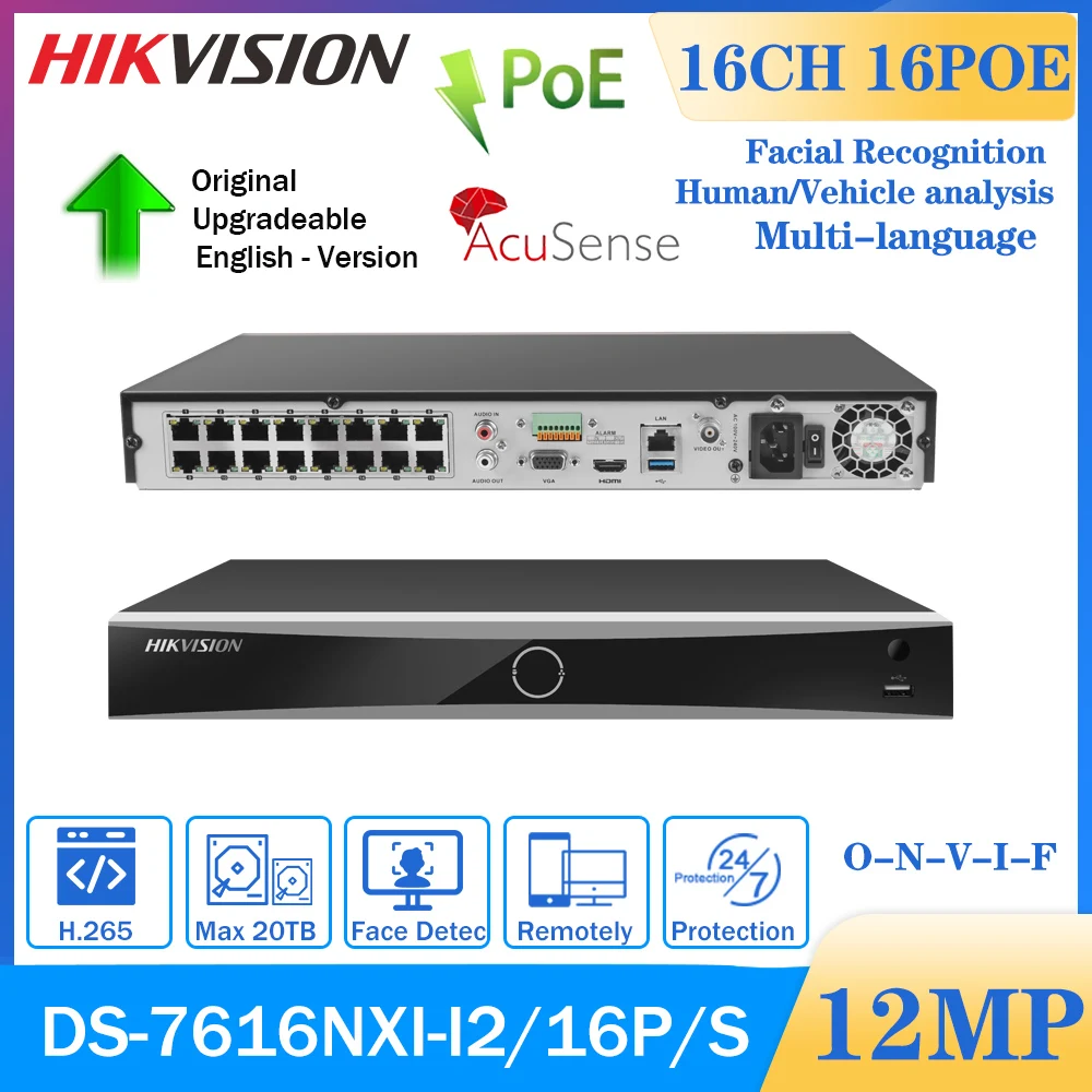 

Hikvision 4K 12MP AcuSense 16CH NVR DS-7616NXI-I2/16P/S 16 POE H.265 2HDD Network Video Recorder For CCTV Camera Security System
