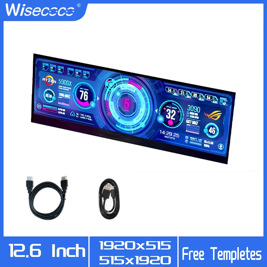 Wisecoco 12.6 Inch Ultra Wide PC Monitor CPU GPU SSD Temperature Monitoring AIDA64 Sub Display for Windows Linux Raspberry Pi