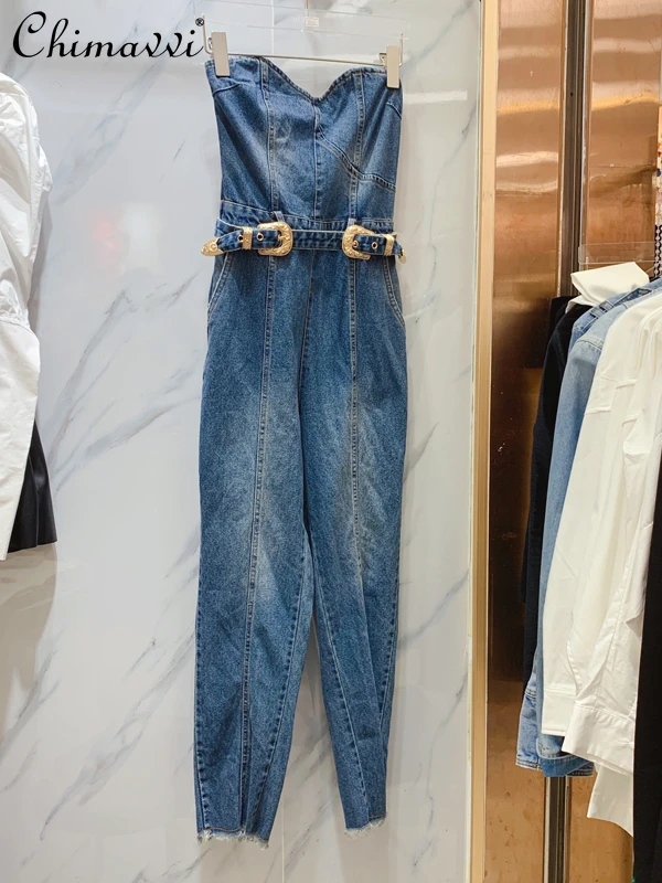 

2022 Summer New Fashion Vintage Off-the-Shoulder Tube Top Jumpsuit Belt Slim Denim Overalls for Women Streetwear Workwear