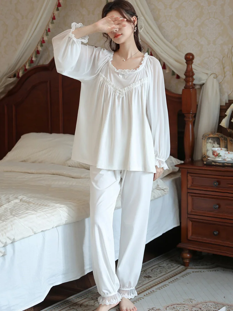 

Women Ruffles Long Sleeve Pajamas Two-piece Sleepwear Cotton Vintage French Loose Home Suit Spring Autumn Princess Loungewear