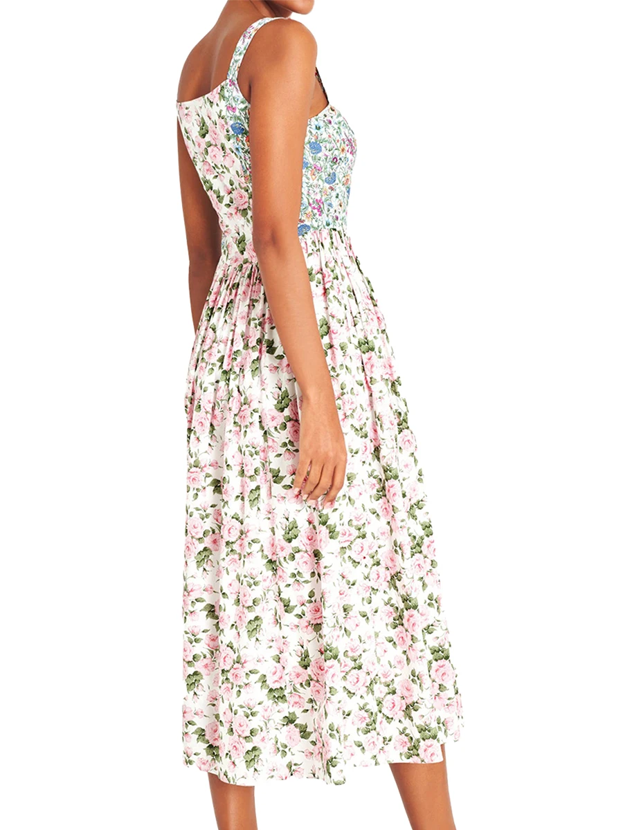 

Floral Print Square Neck Smocked Midi Dress with Wide Straps and Ruffle Hem - Perfect for Summer Beach Vacations and Teen