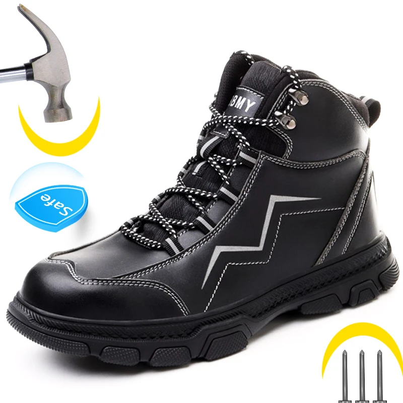 

Genuine Leather Men Boots Work Safety Shoes Anti-Smashing Work Sneakers Safety Boots Hiking Shoes Puncture Proof Steel Toe Shoes
