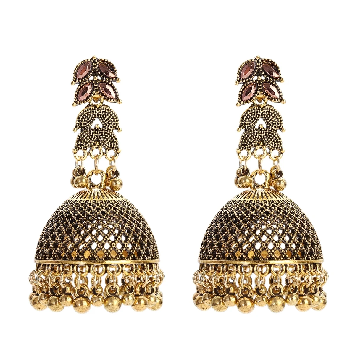 

Ethnic Afghan Big Bell Tassel Drop Earrings Women Pink Zircon Gold Plated Hollow Bells Ladies Indian Earring Jewelry