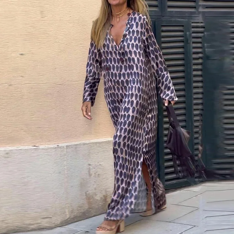 

Women Office Elegant Square Neck Single Breasted Long Shirt Dress Casual Loose Dress Fashion Printed Long Sleeve Commuter Dress