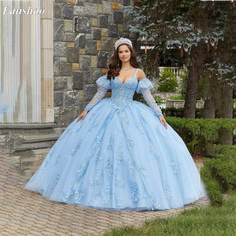 

Fanshao wd165 Long Sleeves Quinceanera Dress Beads Spaghetti Straps with Applique Party Dress Robe De Soirée De Mariage