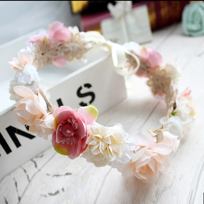 

Free Shipping Flower Headband Hair Wreath Floral Garland Crown Bridal Headpiece with Ribbon Wedding Festival Party Deco WLL186