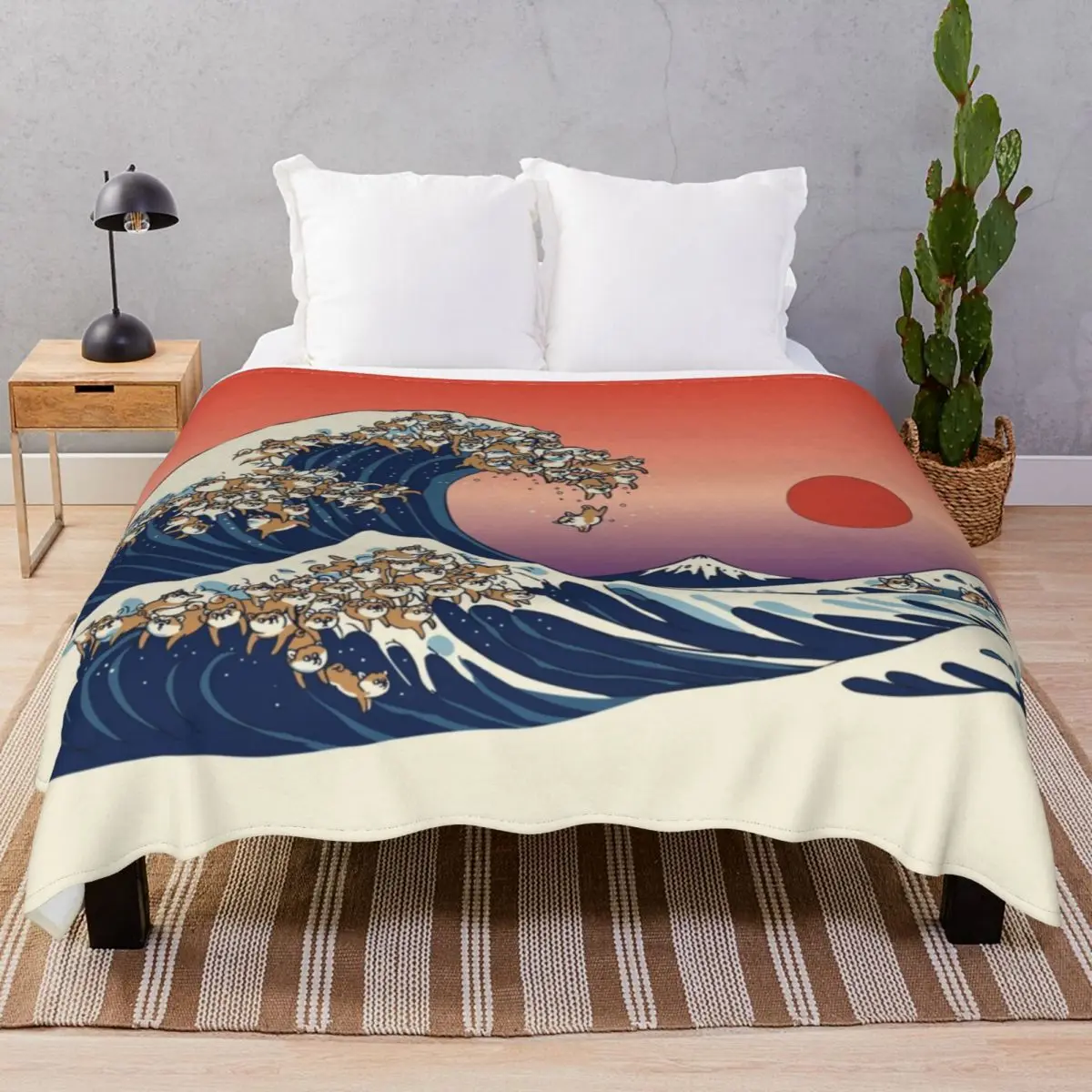 The Great Wave Of Shiba Inu Blanket Fleece Summer Multifunction Throw Blankets for Bed Sofa Camp Office