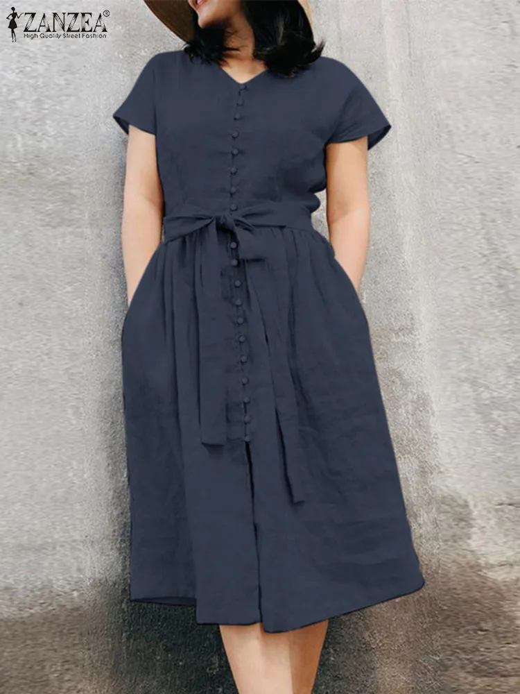 

Женское летнее однотонное платье-рубашка, праздничные платья, Повседневный хлопковый сарафан ZANZEA, элегантное платье с V-образным вырезом и коротким рукавом и поясом, платья