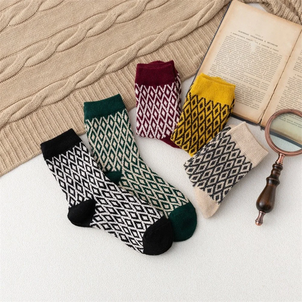 5 Pairs New Fashion Colorful Thickened Warm Women's Wool Socks Ethnic Style Diamond Bright Casual Women Socks
