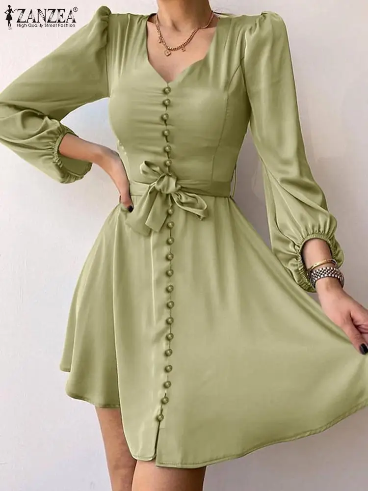 

Women Cocktail Satin Dress ZANZEA Party V Neck Robe 2022 Spring Autumn Dating Belted Vestidos French Elegant Chic A Line Dresses