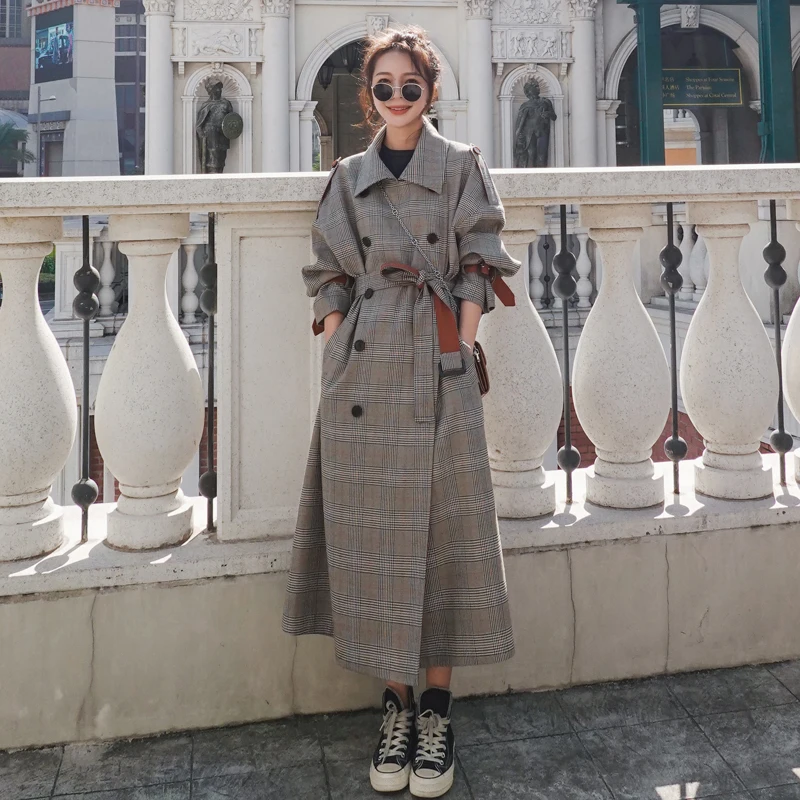 

Quality Fashion Elegant Long Plaid Trench Coat Double Breasted With Belt Lady Duster Coat Cloak Spring Autumn Windbreaker