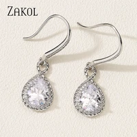 zakol classic silver color water drop cubic zirconia dangle hook earrings for women wedding bridal jewelry ep1109