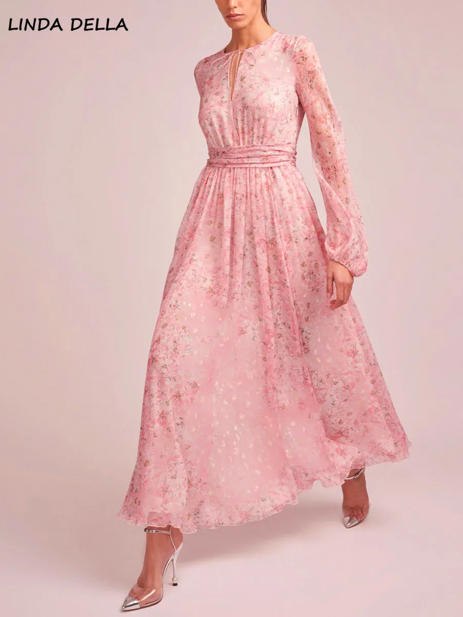 

LINDA DELLA Fashion Summer Runway Vintage Romance Pink Floral Print Long Dress Women's Lace-up Lantern Sleeve High Waist Dress