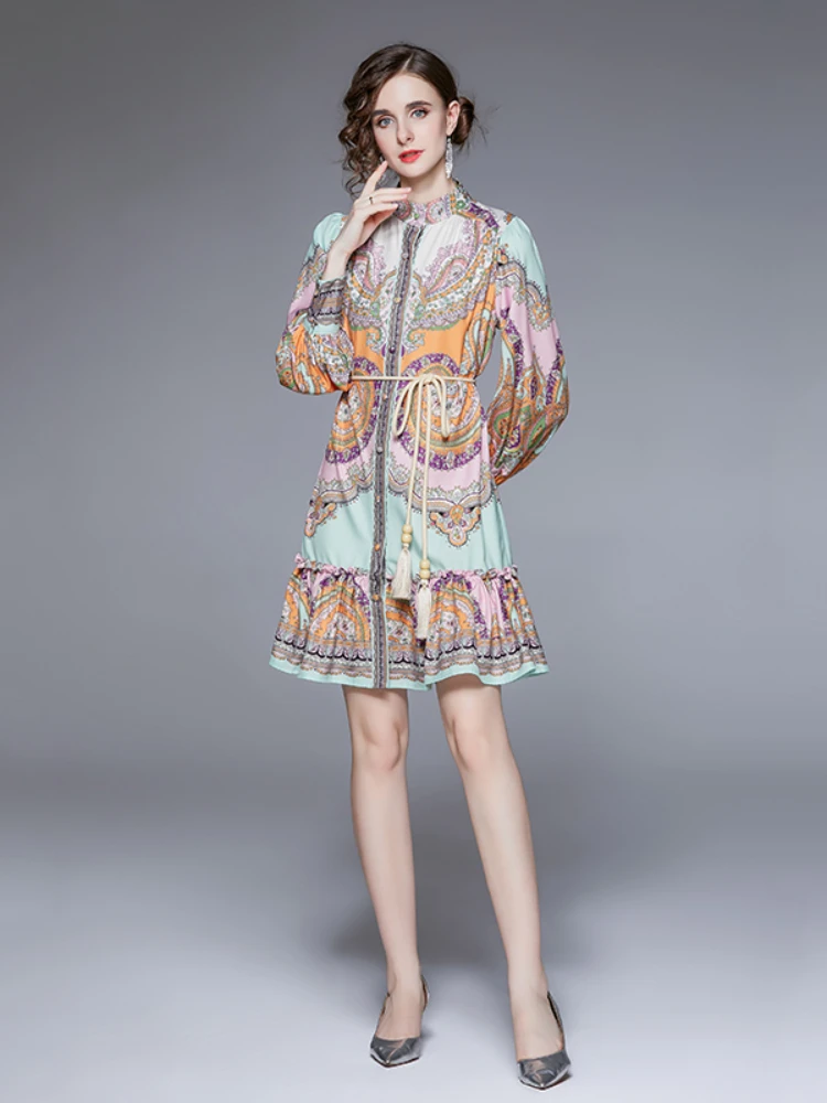 

Aibeautyer New Casual Spring Autumn Floral Print Slim Full Lady Dress A Line O Neck Chiffon Button Single Breasted Women Dresses