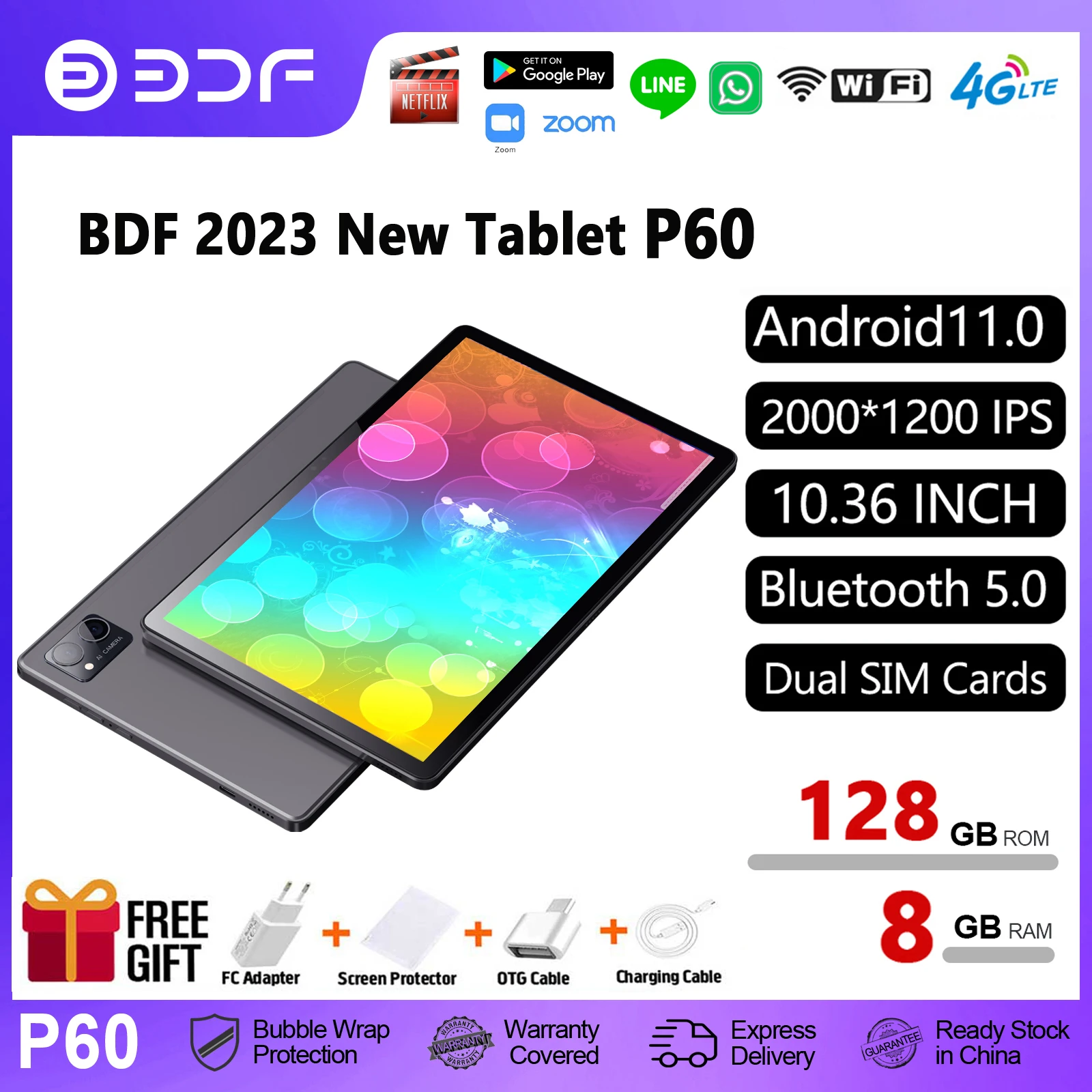 Global Version BDF P60 2023 New 10.36 Inch 2K LCD Screen Octa Core Android 11.0 Tablet Pc 8GB/128GB Dual 4G SIM Cards Pad 2023