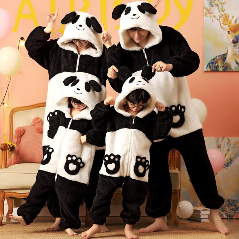 Parent-Child Outfit Pijamas Jumpsuits Kawaii Cartoon Panda Women Men Sleepwear Hoodies Winter Thicken Pajamas Onesie Pyjamas