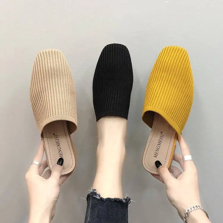 

Half Slippers Women's Fashion All-match Women's Outer Wear Knitted Square Toe Low Heels Zapatos De Mujer Sapatos De Mujer