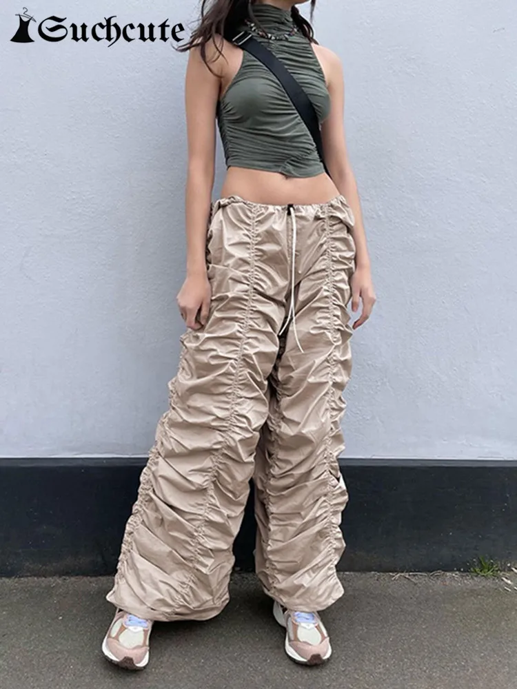 

SUCHCUTE Streetwear Soild Cargo Pants Women Gothic Losse Low Rise Harajuku Trousers Vintage 90s Korean Fashion Folds Baggy Pant