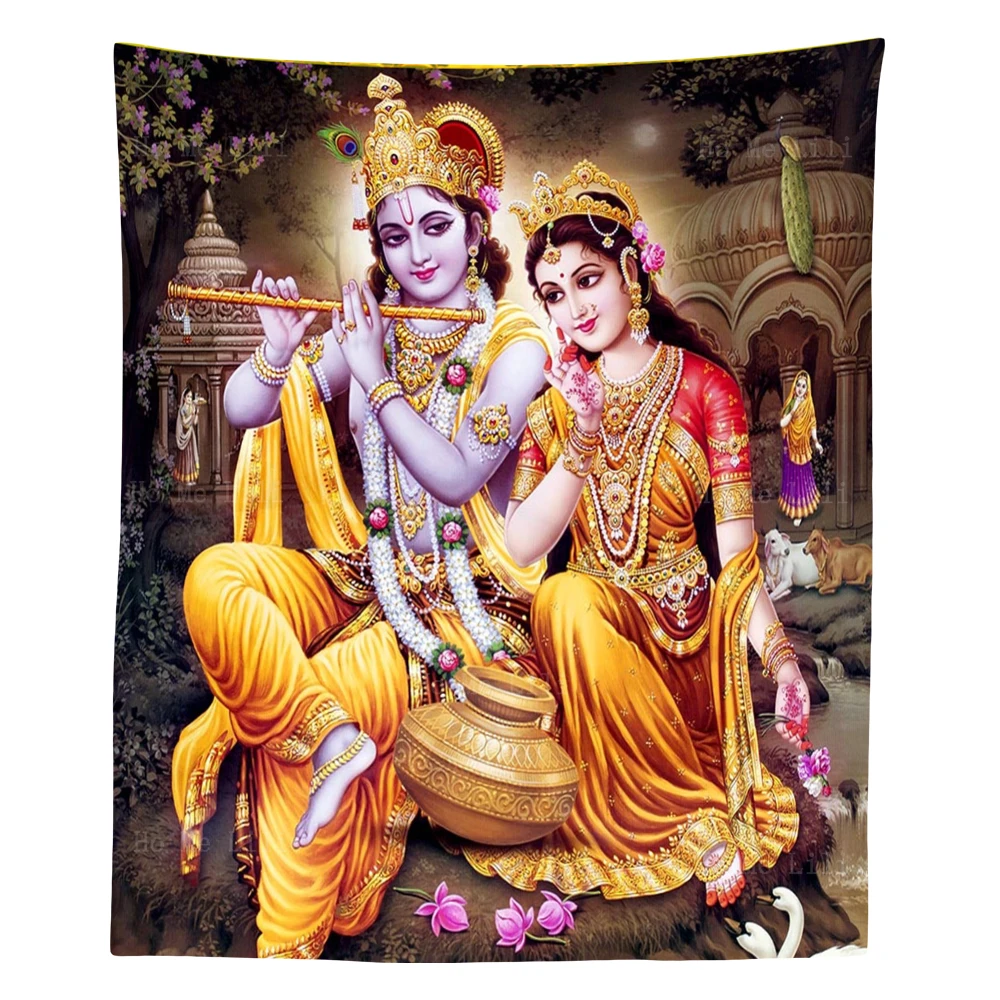 

Lord Krishna With Radha And Cow Calf Colorful Rare Religious Hindu Gods Tapestry By Ho Me Lili For Designer Room Accessories