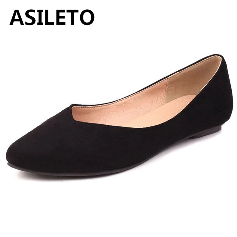 

ASILETO Women's Flats Pointed Toe Low Heels Flock Slip-On Loafers Soft Plus Size 34-43 Solid Black Beige Leisure Spring S3365
