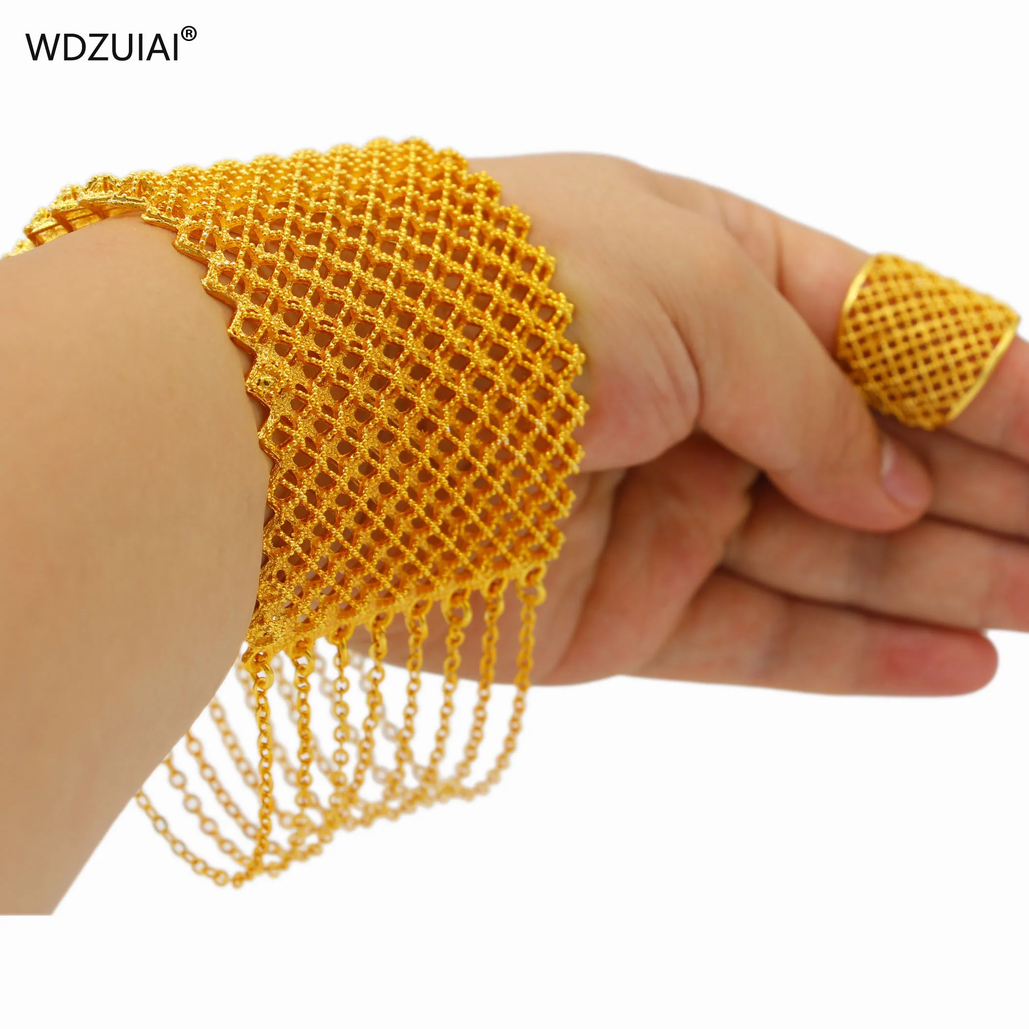 WDZUIAI Новый дизайн 24k золотой цвет кисточки манжета браслет и кольцо ювелирные